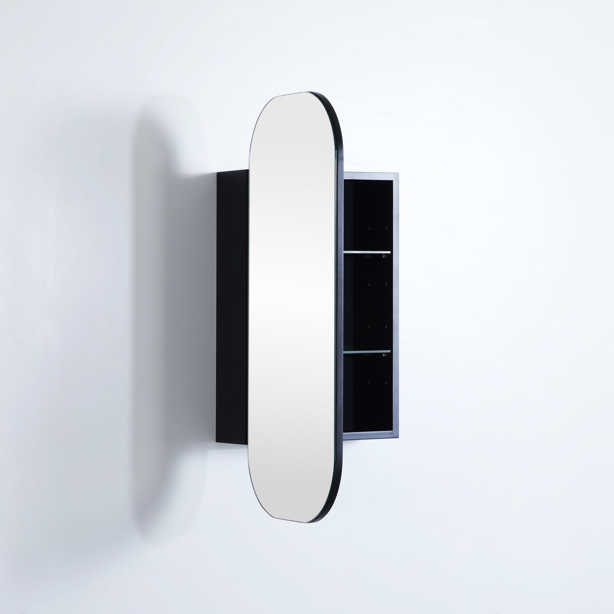 side view of olivia matte black 400mm shaving cabinet