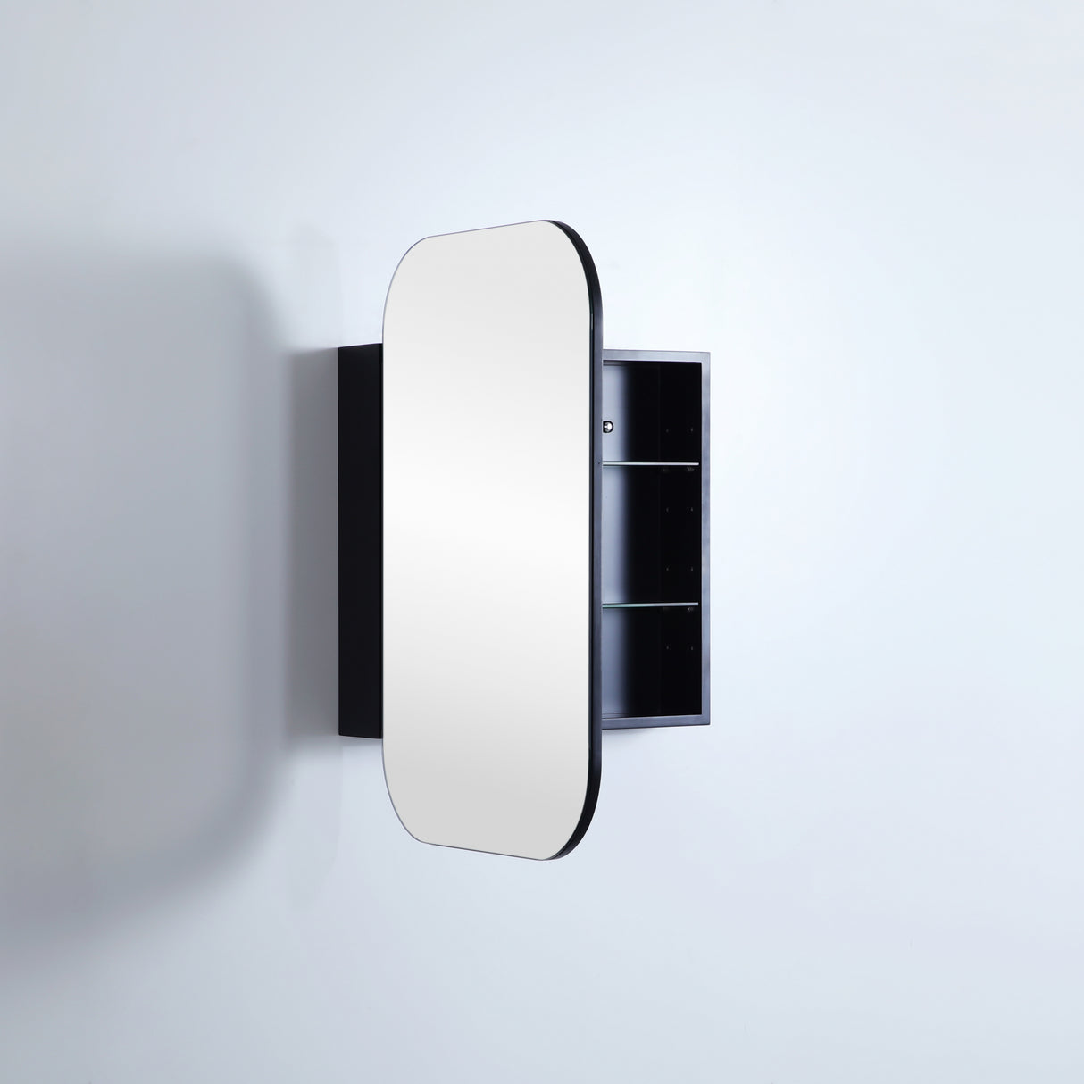 side view of open rectangular black shaving cabinet