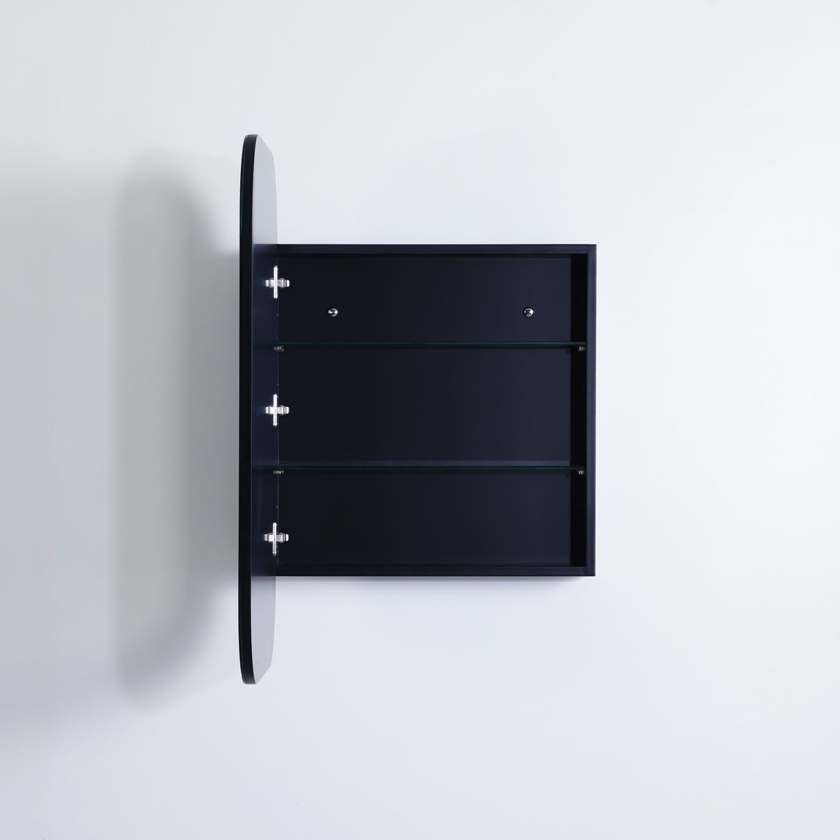 open rectangular black shaving cabinet in grey wall
