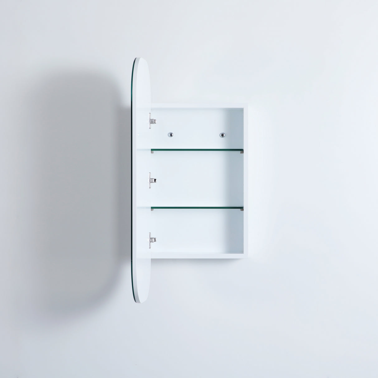 Round wall-mounted shelf with glass shelves on a white background