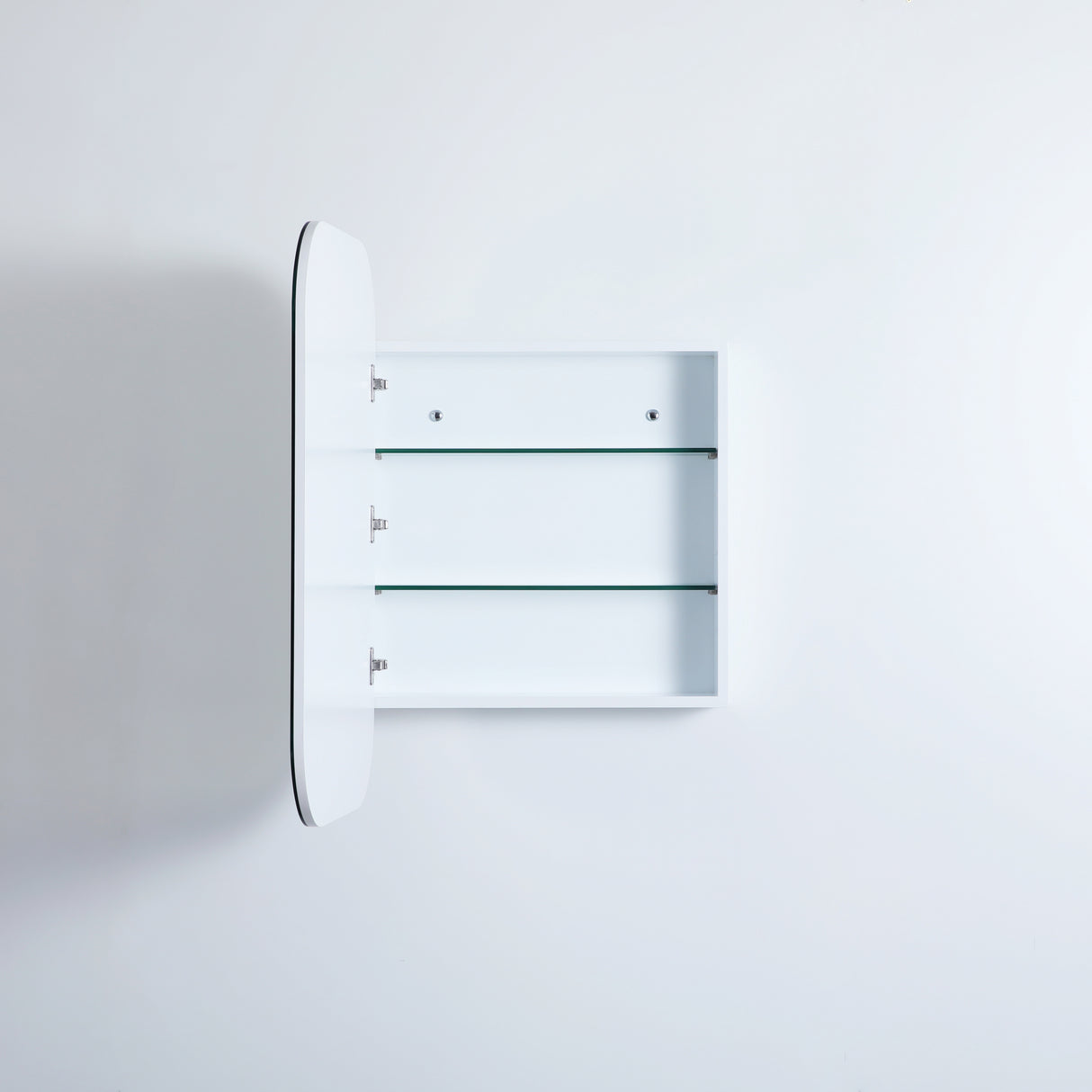 front view of open rectangular white shaving cabinet