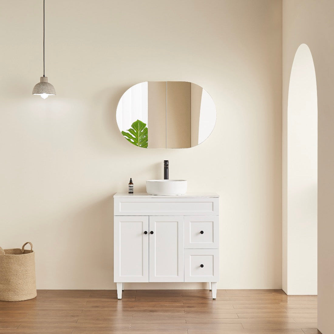 room with matte white shaving cabinet and free standing white vaity