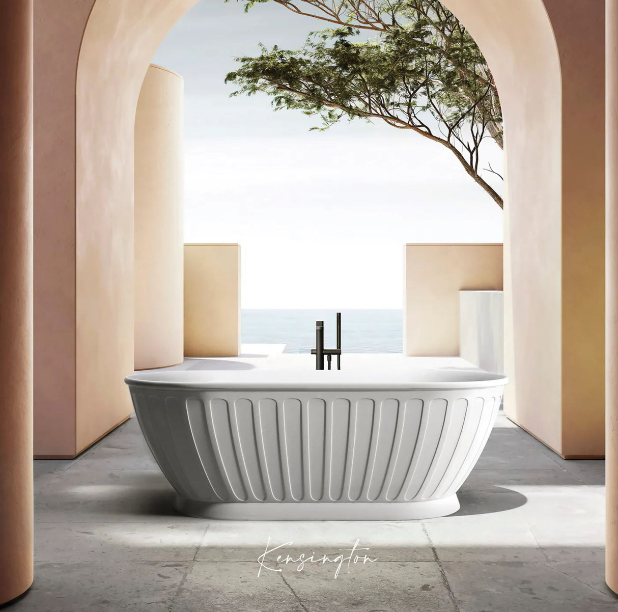 Modern freestanding bathtub in a stylish outdoor setting with arches and a tree.