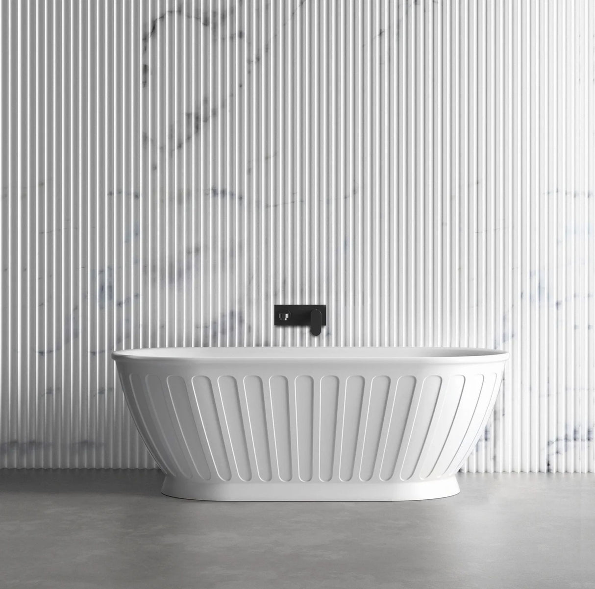 White freestanding bathtub with a black faucet against a striped wall.