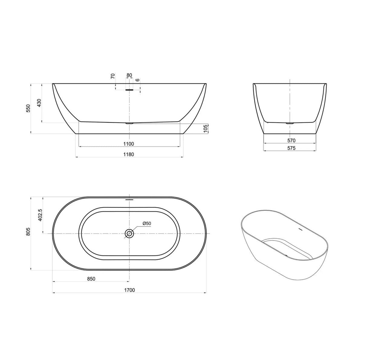 Attica Manolo 1700mm Gloss White Bath with Overflow drawing