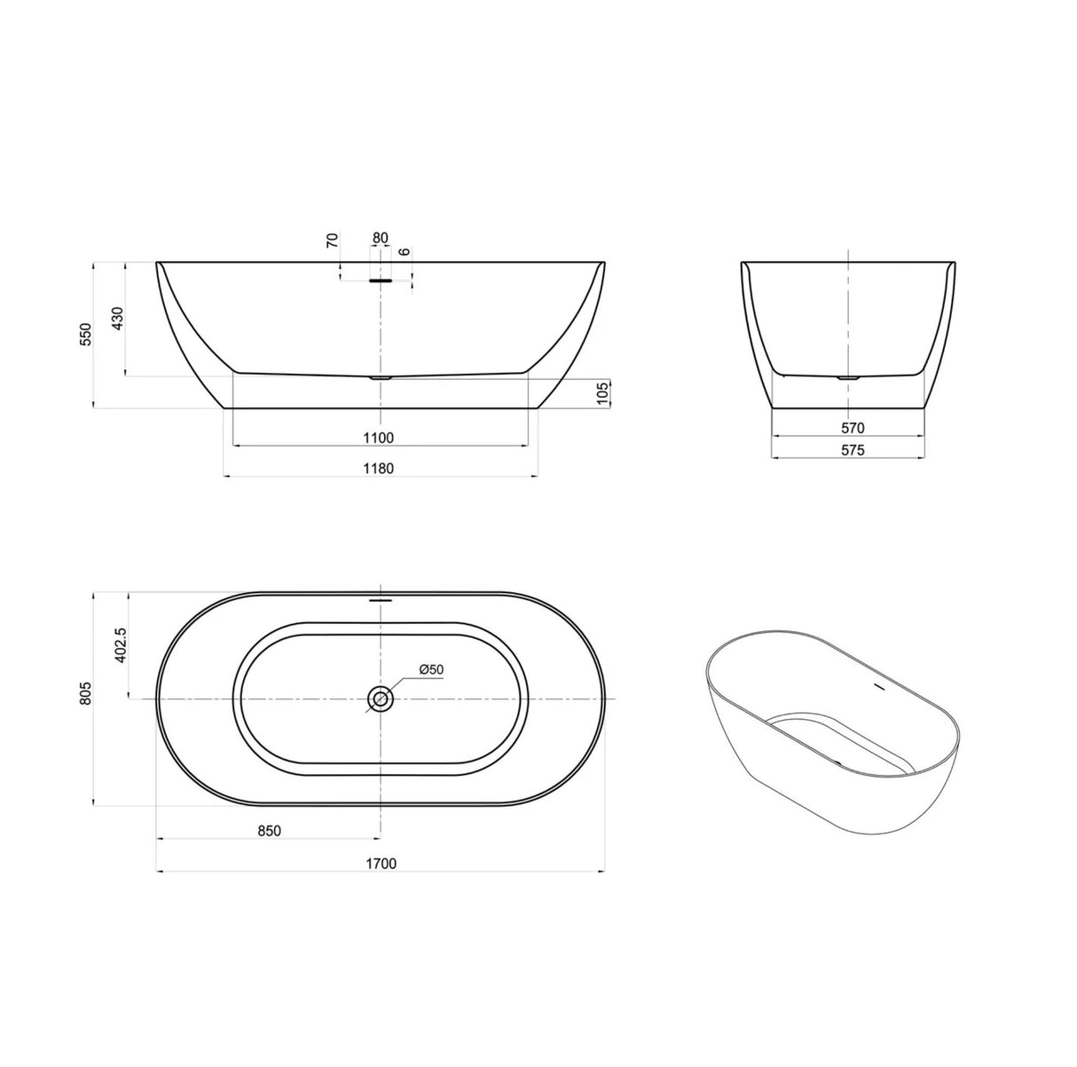 Attica Manolo 1700 Matte White Bath with Overflow drawing