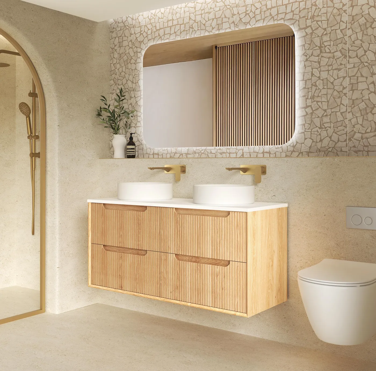 Side view Bathroom with Byron 1200mm Woodland Oak Four Drawer Wall Hung Vanity - Fluted and mirror