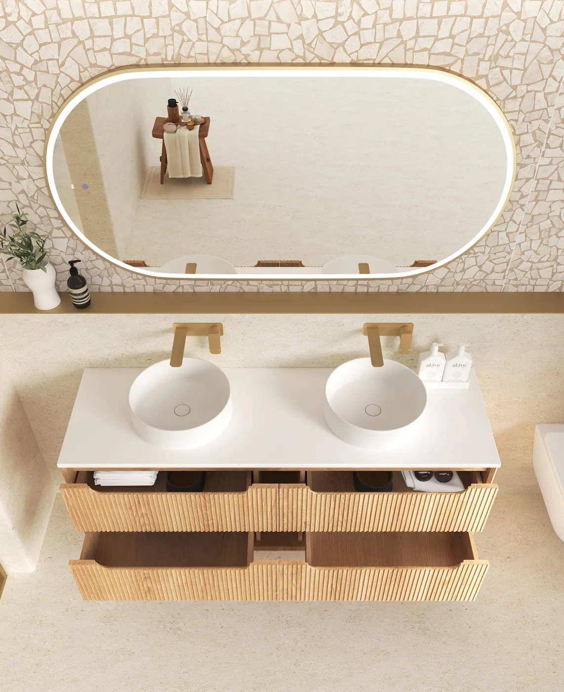 Top view Bathroom with Byron 1200mm Woodland Oak Four Drawer Wall Hung Vanity - Fluted and mirror