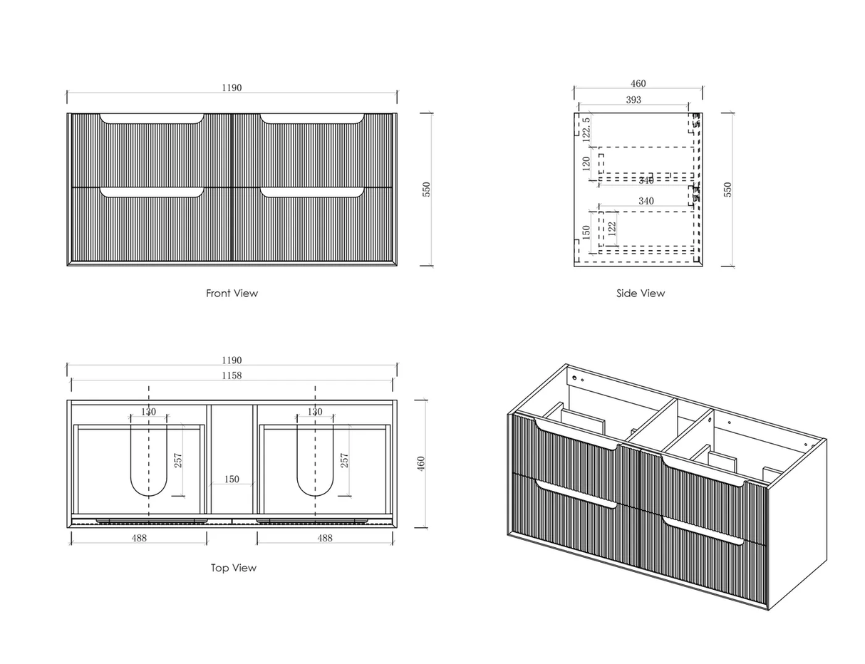 Byron 1200mm Woodland Oak Four Drawer Wall Hung Vanity - Fluted drawing