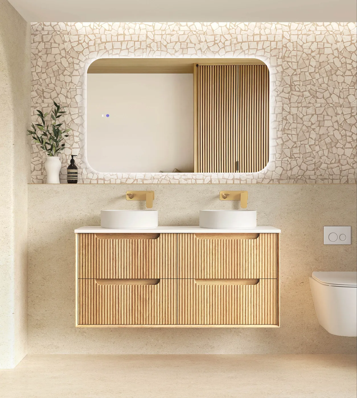 Front view Bathroom with Byron 1200mm Woodland Oak Four Drawer Wall Hung Vanity - Fluted and mirror