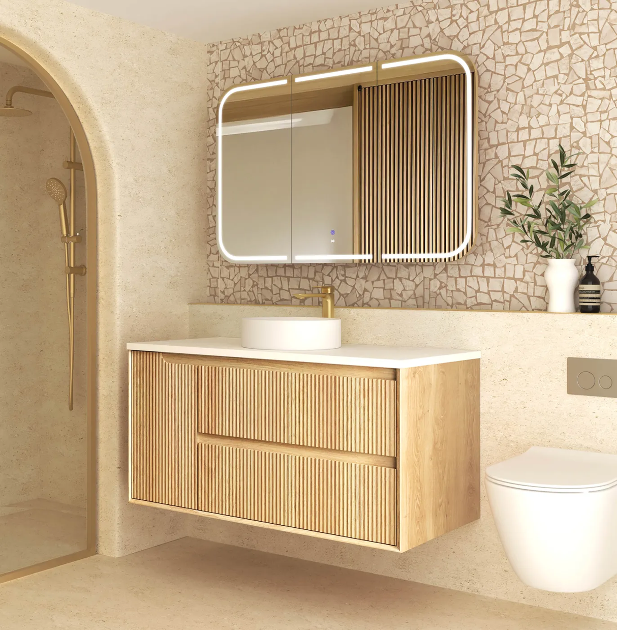 Side view bathroom with mirror and Byron 1200mm Woodland Oak Wall Hung Vanity - Fluted