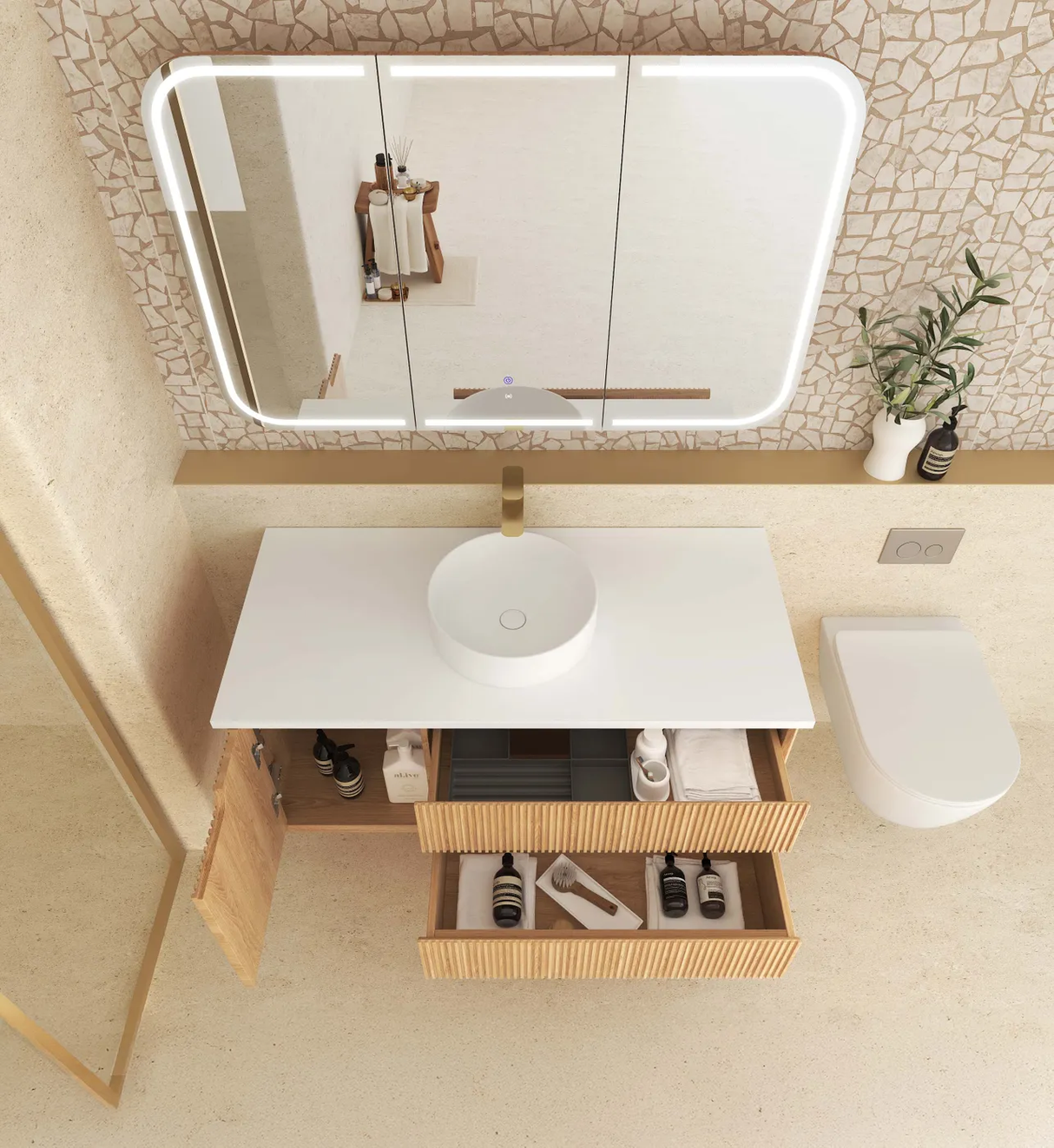 Top view bathroom with mirror and Byron 1200mm Woodland Oak Wall Hung Vanity - Fluted