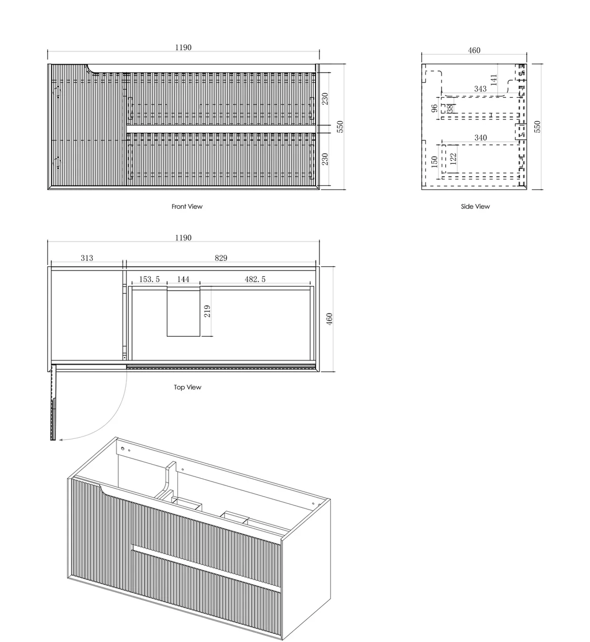 Byron 1200mm Woodland Oak Wall Hung Vanity - Fluted drawing