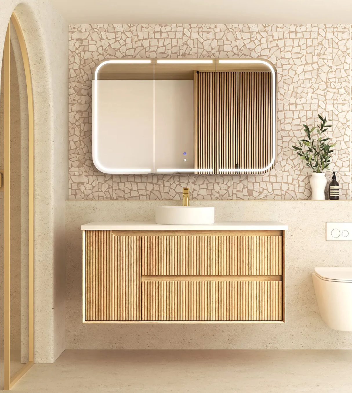 Front view bathroom with mirror and Byron 1200mm Woodland Oak Wall Hung Vanity - Fluted