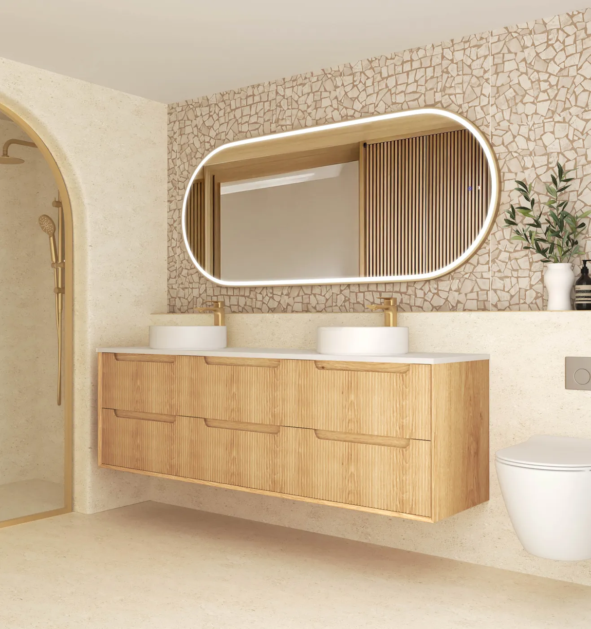 Side view of bathroom with installed Byron 1800mm Woodland Oak Wall Hung Vanity - Fluted and mirror