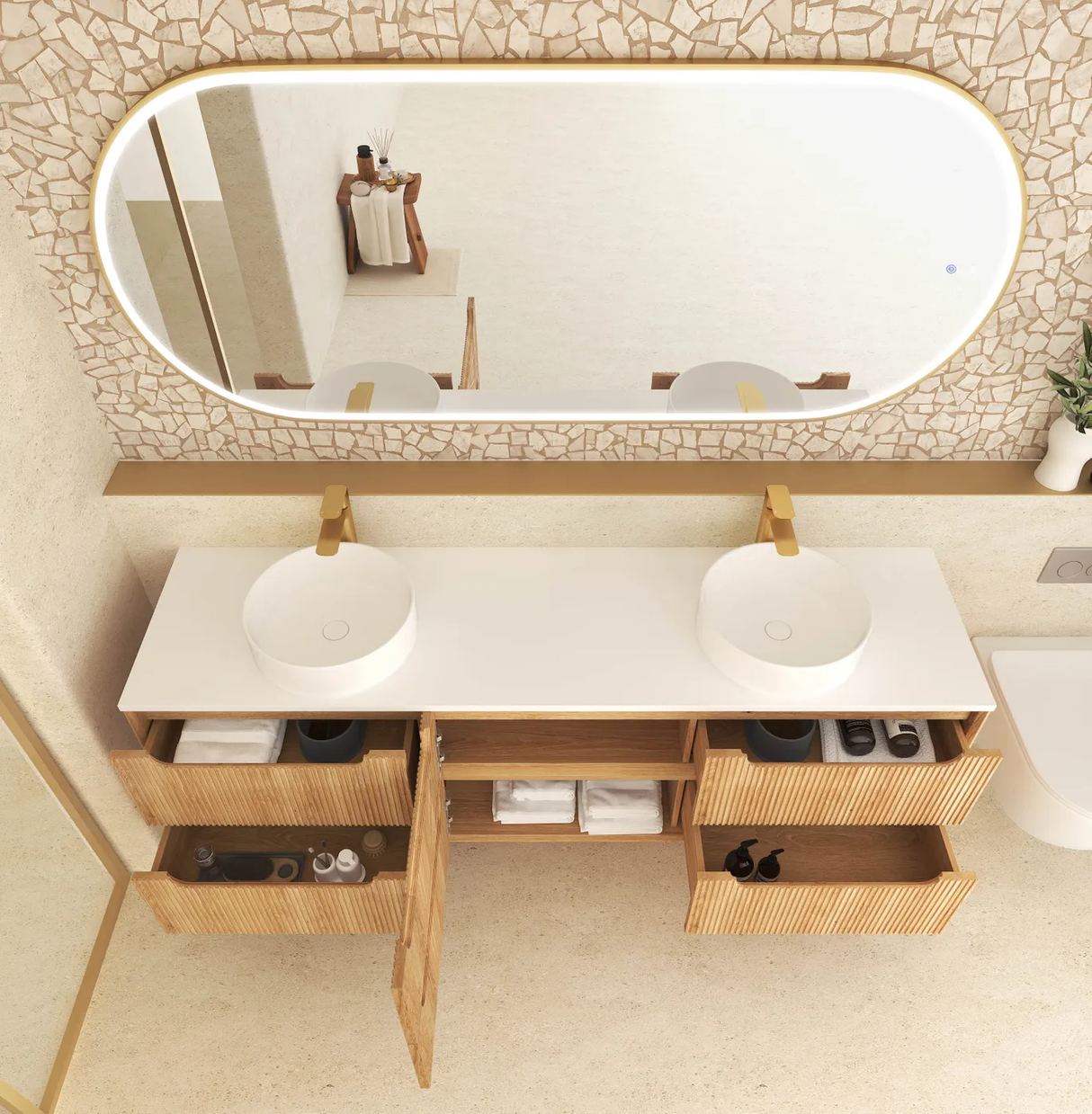 Top view of bathroom with installed Byron 1800mm Woodland Oak Wall Hung Vanity - Fluted and mirror