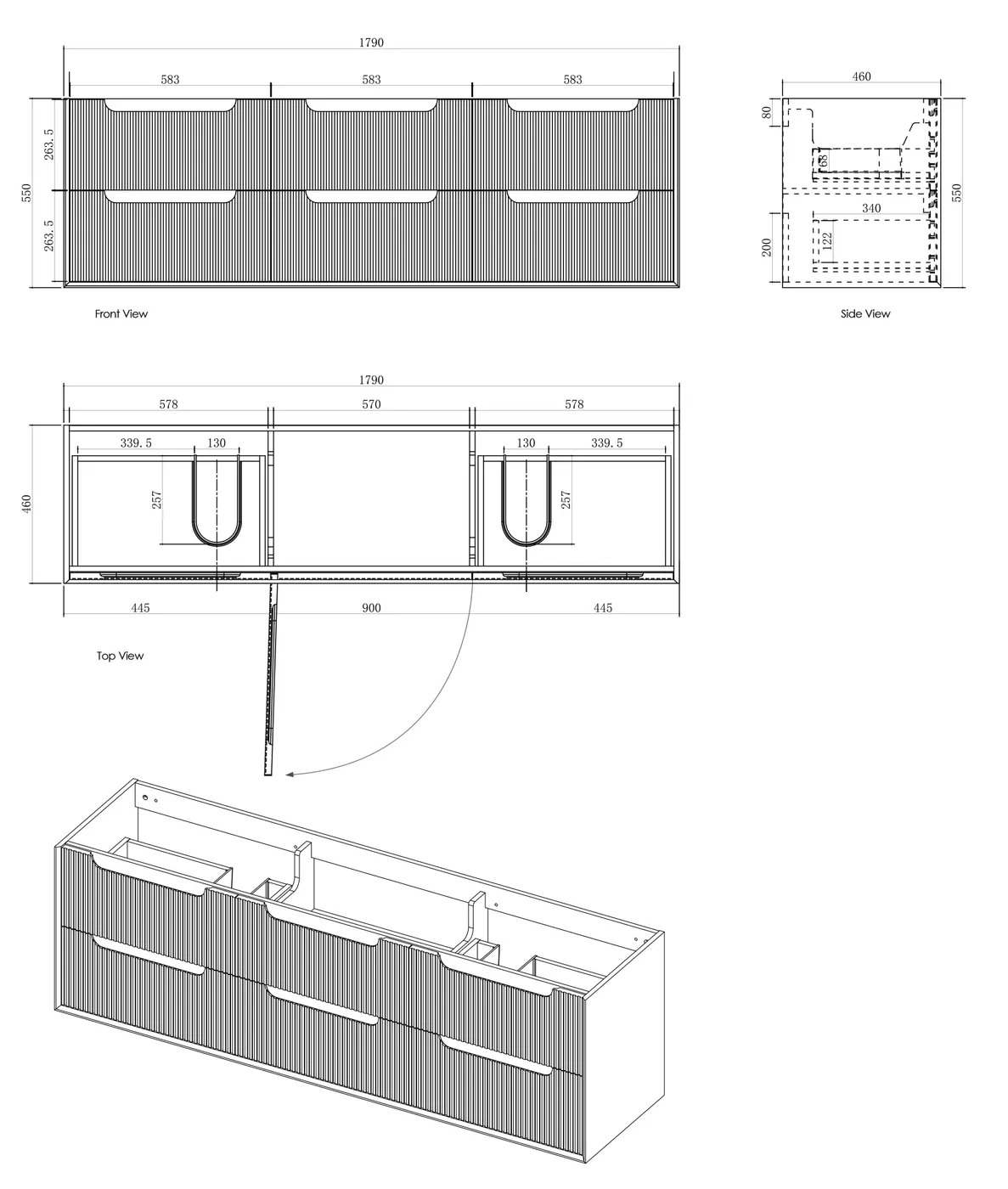 Byron 1800mm Woodland Oak Wall Hung Vanity - Fluted drawing