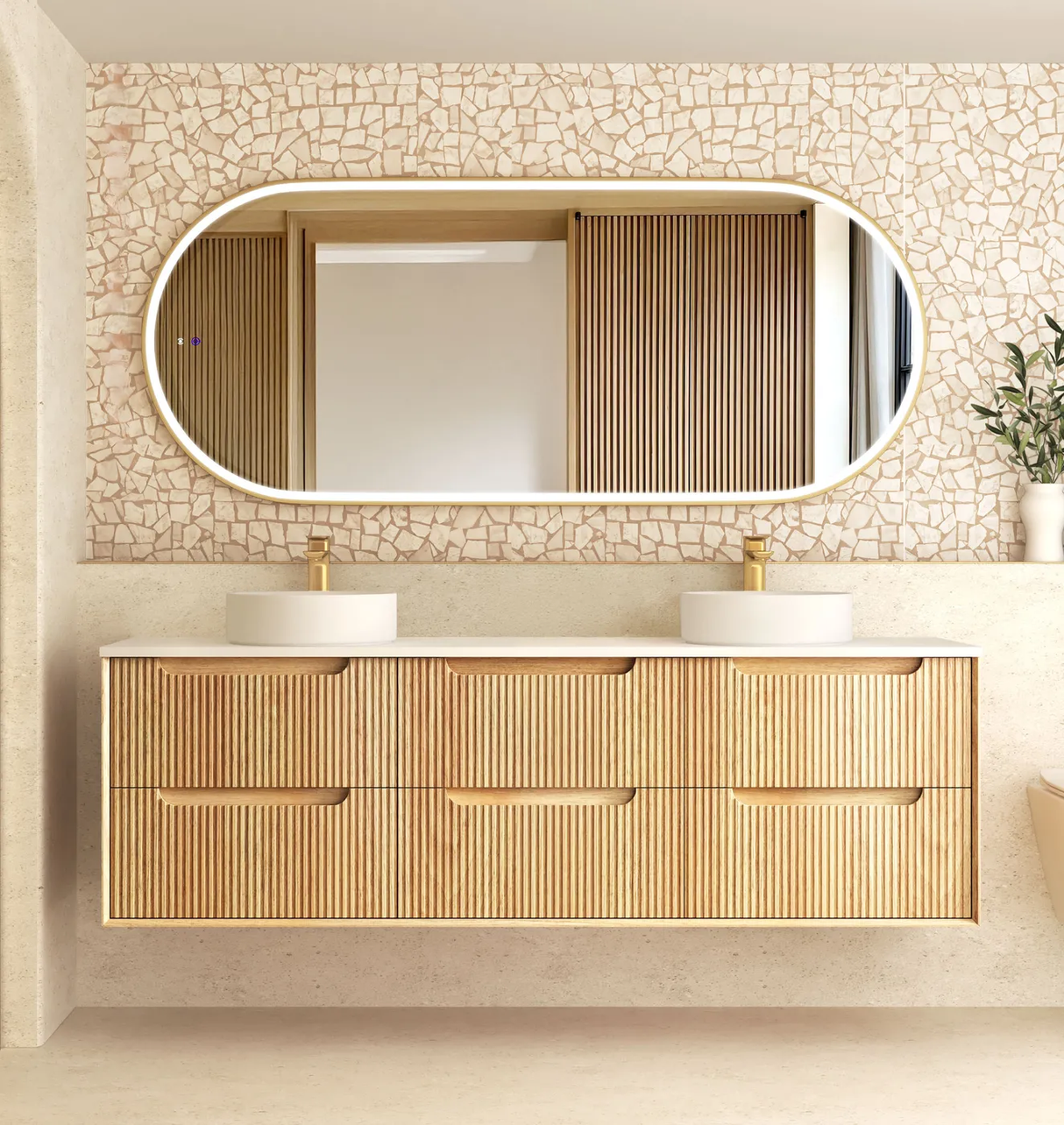 Front view of bathroom with installed Byron 1800mm Woodland Oak Wall Hung Vanity - Fluted and mirror