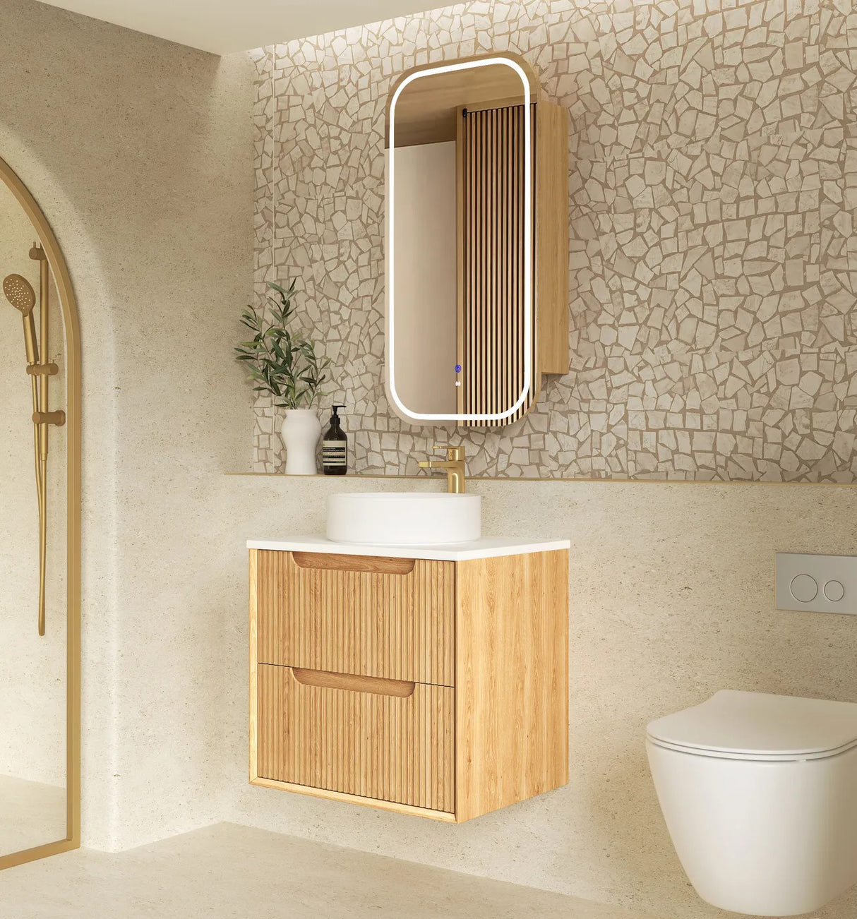 Side view Bathroom with mirror and Byron 600mm Woodland Oak Wall Hung Vanity - Fluted