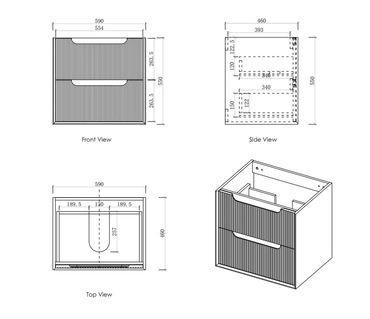 Byron 600mm Woodland Oak Wall Hung Vanity - Fluted drawing