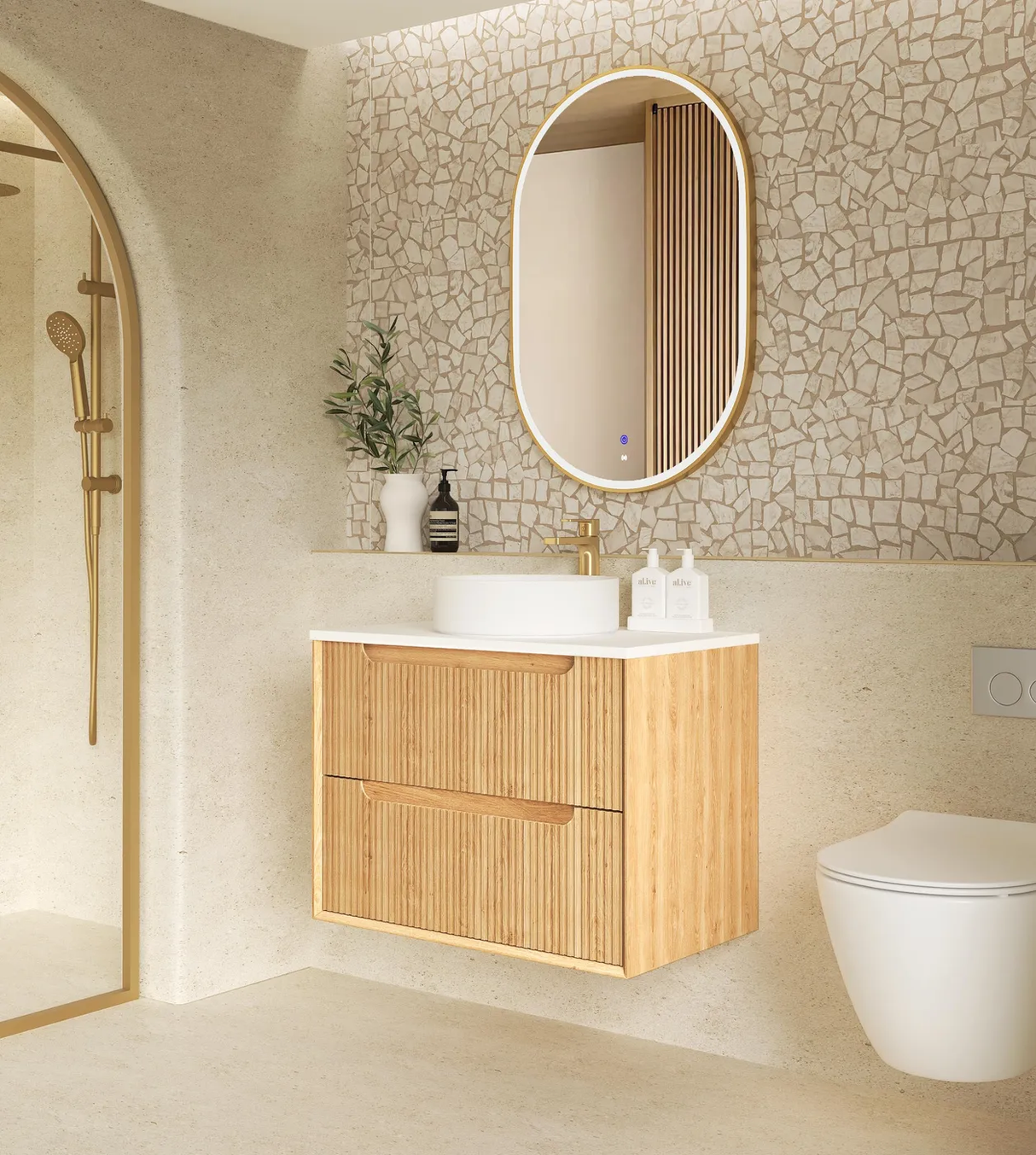 side view bathroom with mirror and Byron 750mm Woodland Oak Wall Hung Vanity - Fluted