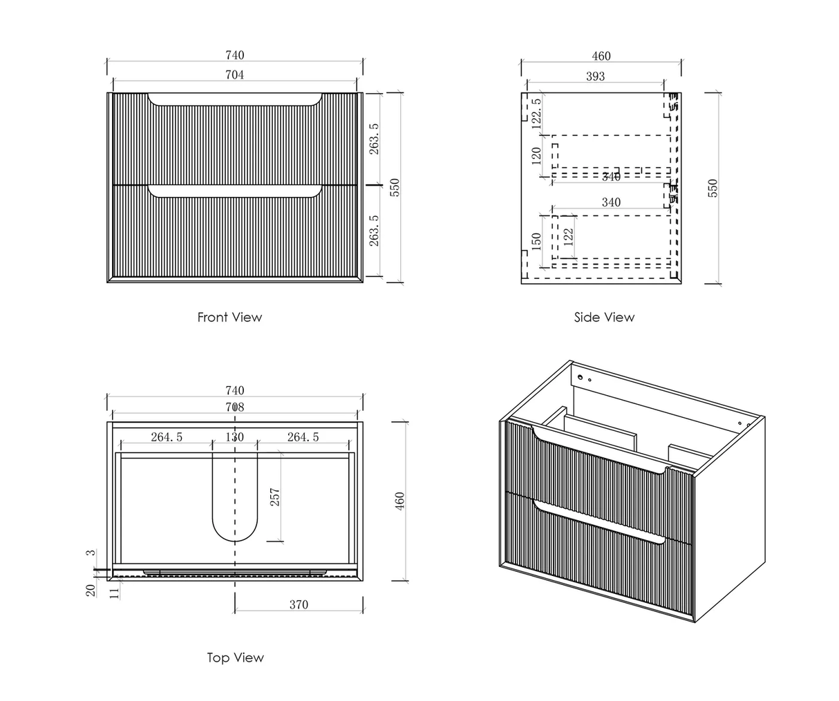 Byron 750mm Woodland Oak Wall Hung Vanity - Fluted drawing