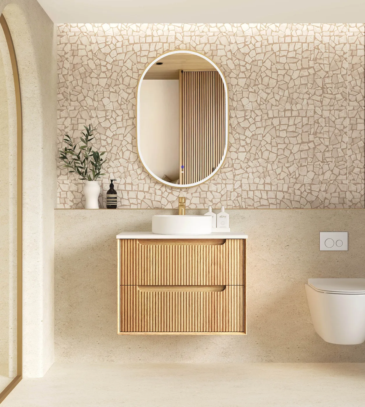 Front view bathroom with mirror and Byron 750mm Woodland Oak Wall Hung Vanity - Fluted