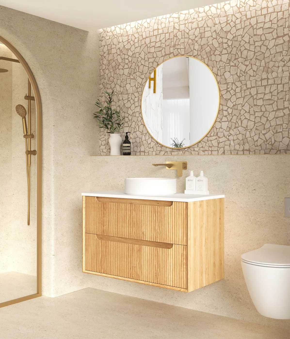 Side view Bathroom with mirror and Byron 900mm Woodland Oak Wall Hung Vanity - Fluted