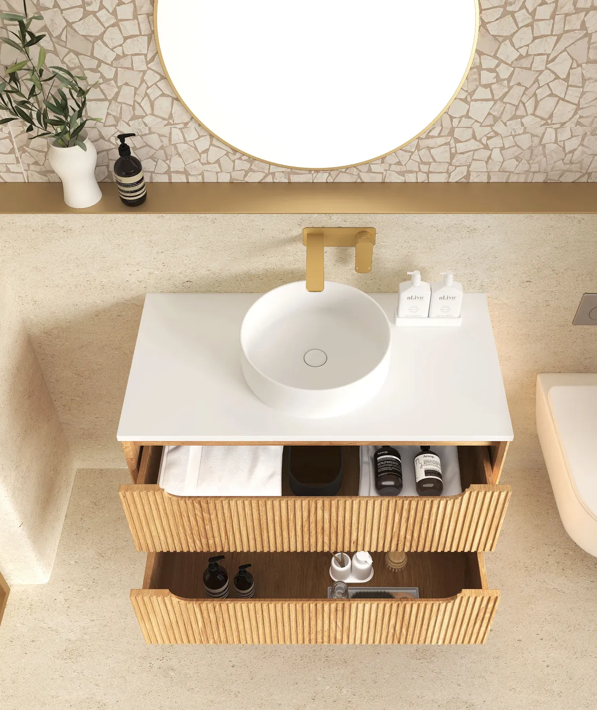Top view Bathroom with mirror and Byron 900mm Woodland Oak Wall Hung Vanity - Fluted