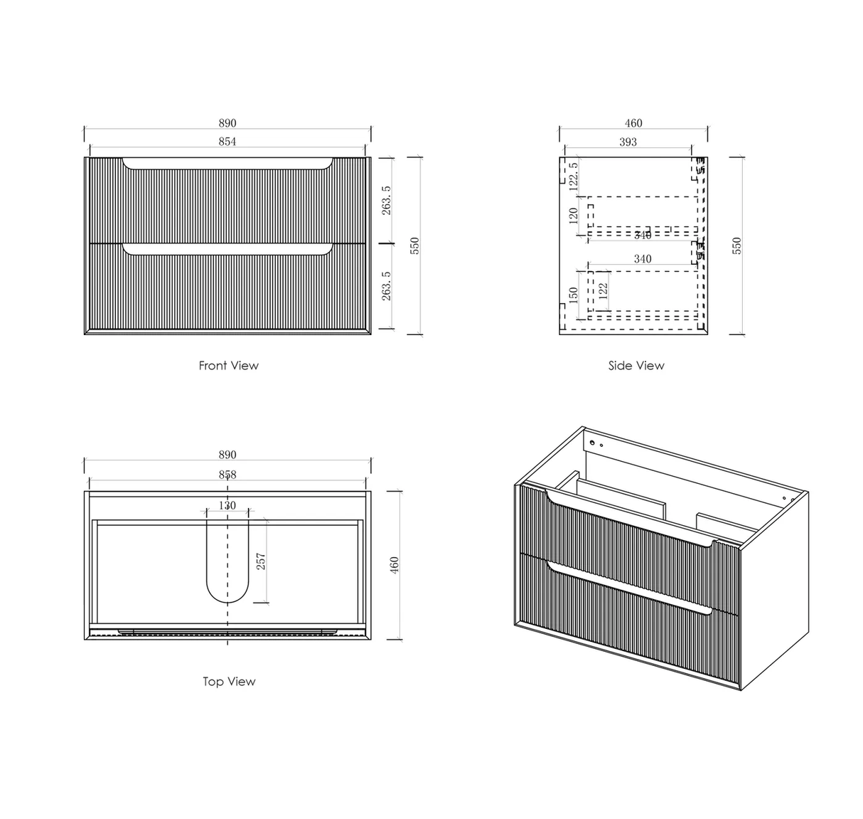 Byron 900mm Woodland Oak Wall Hung Vanity - Fluted drawing