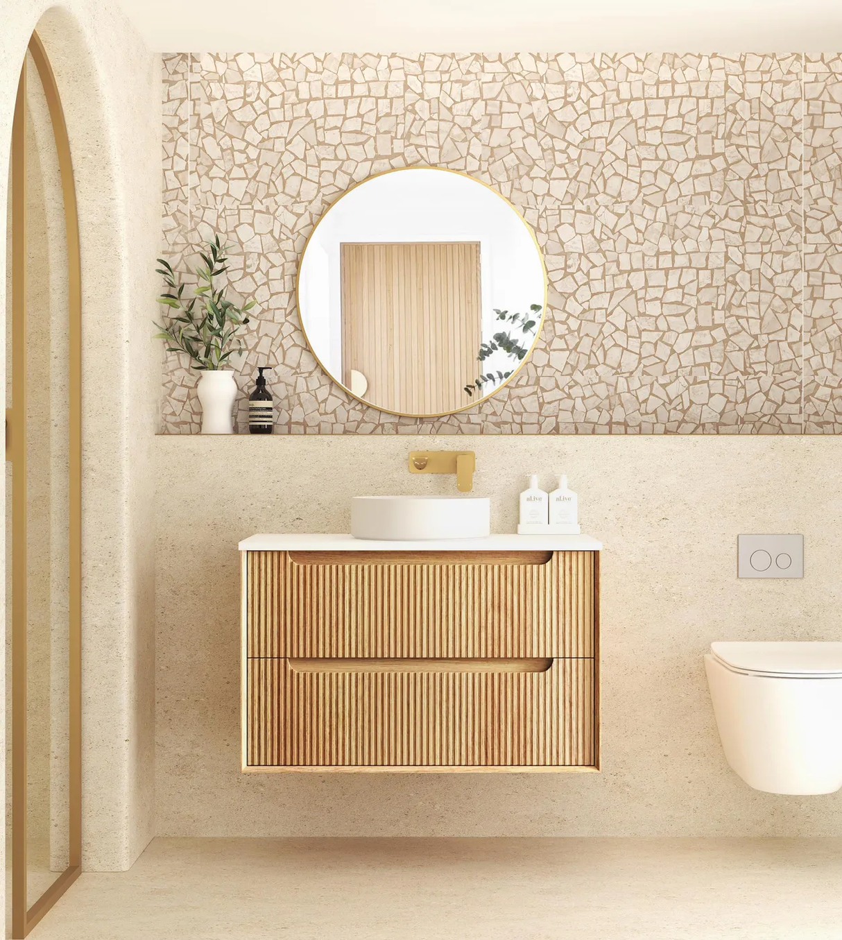 Front view Bathroom with mirror and Byron 900mm Woodland Oak Wall Hung Vanity - Fluted
