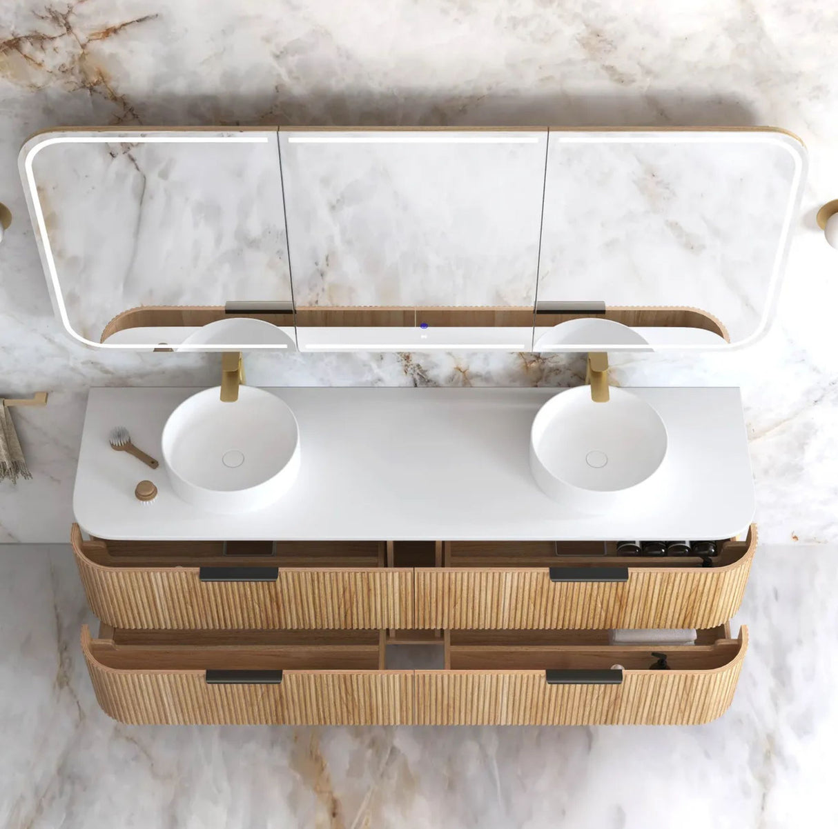 Bathroom vanity with marble countertop and wooden base on a marble floor