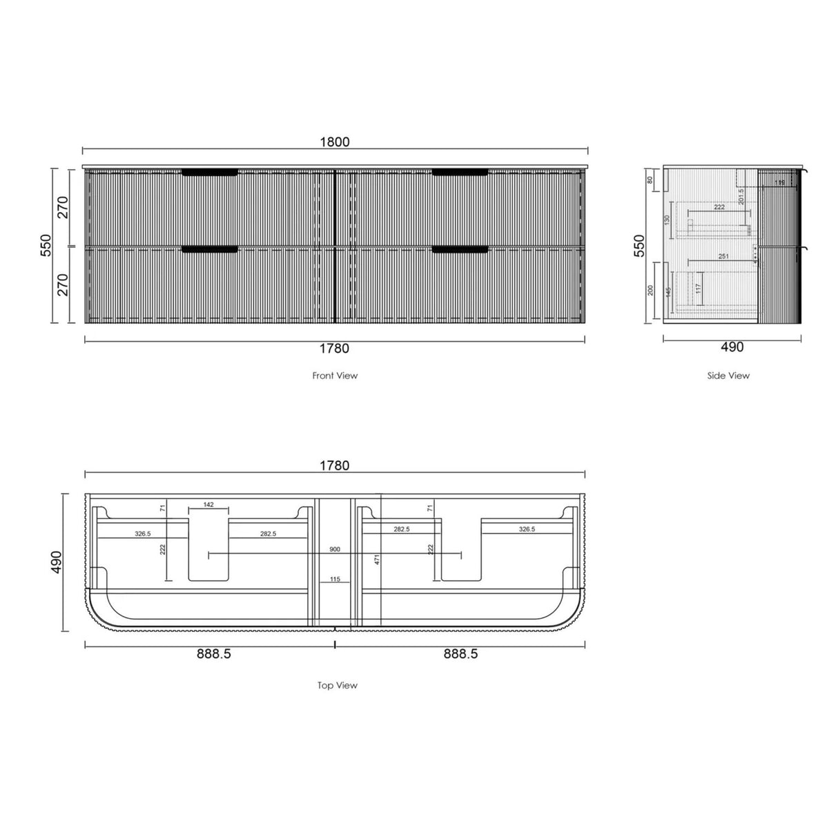 Technical drawing of a storage unit with dimensions