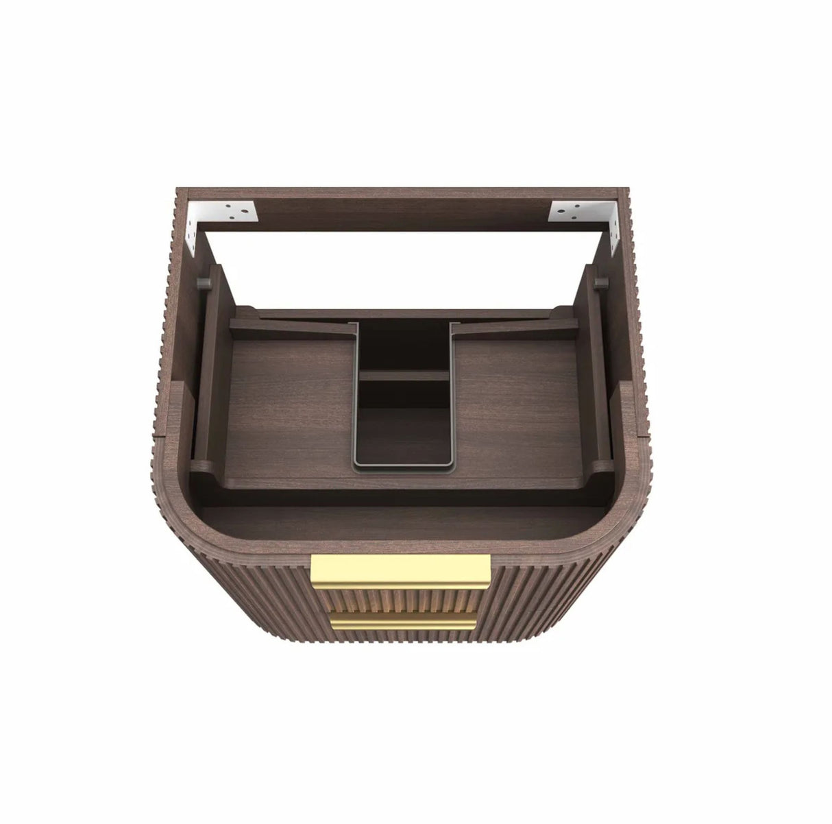 Wooden desk organizer with a gold accent on a white background