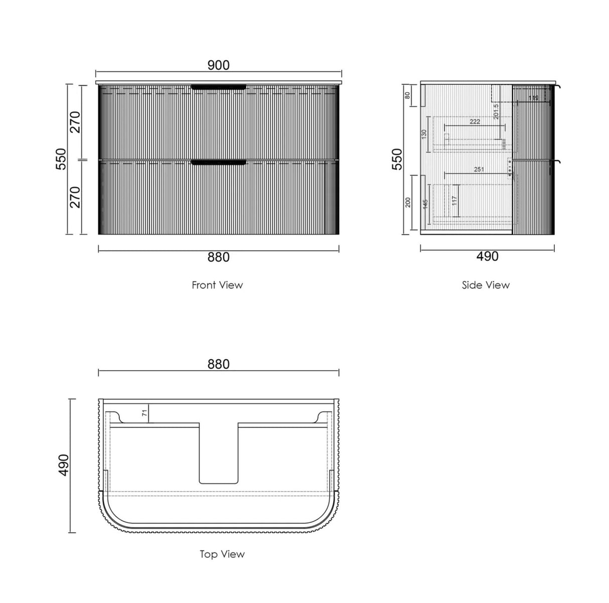 Dimensions of a storage unit shown from front, side, and top views.