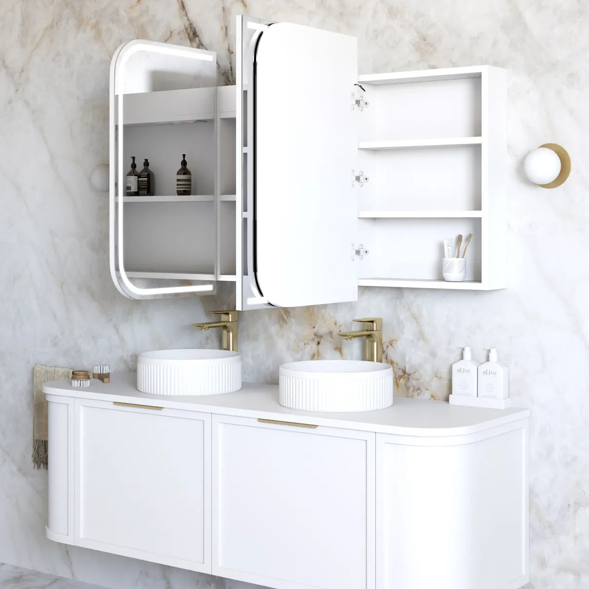 Bathroom with installed LED Newport 1500(W)x750(H) White Shaving Cabinet and vanity side view