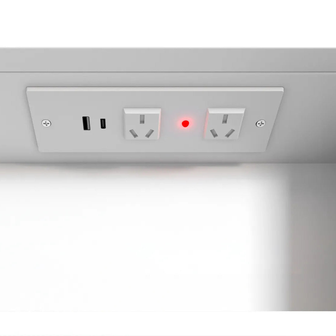 Power outlet with USB and USB-C ports under a cabinet.
