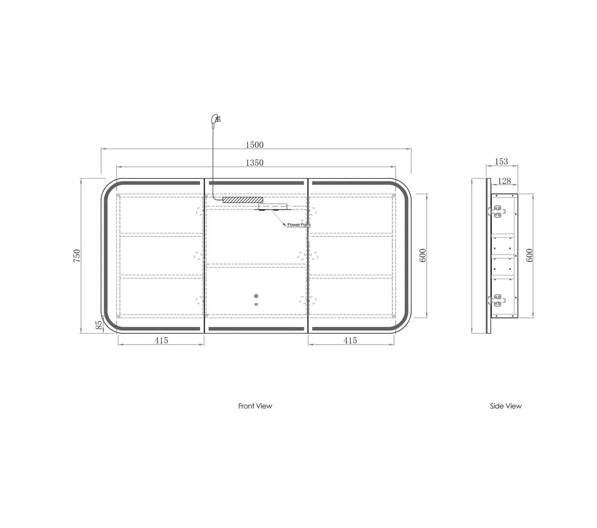 LED Newport 1500(W)x750(H) White Shaving Cabinet drawing