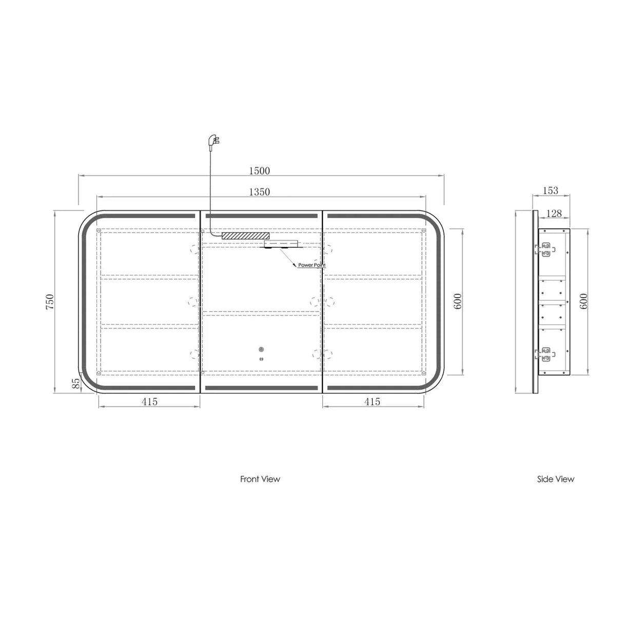 LED Newport 1500(W)x750(H) White Shaving Cabinet drawing