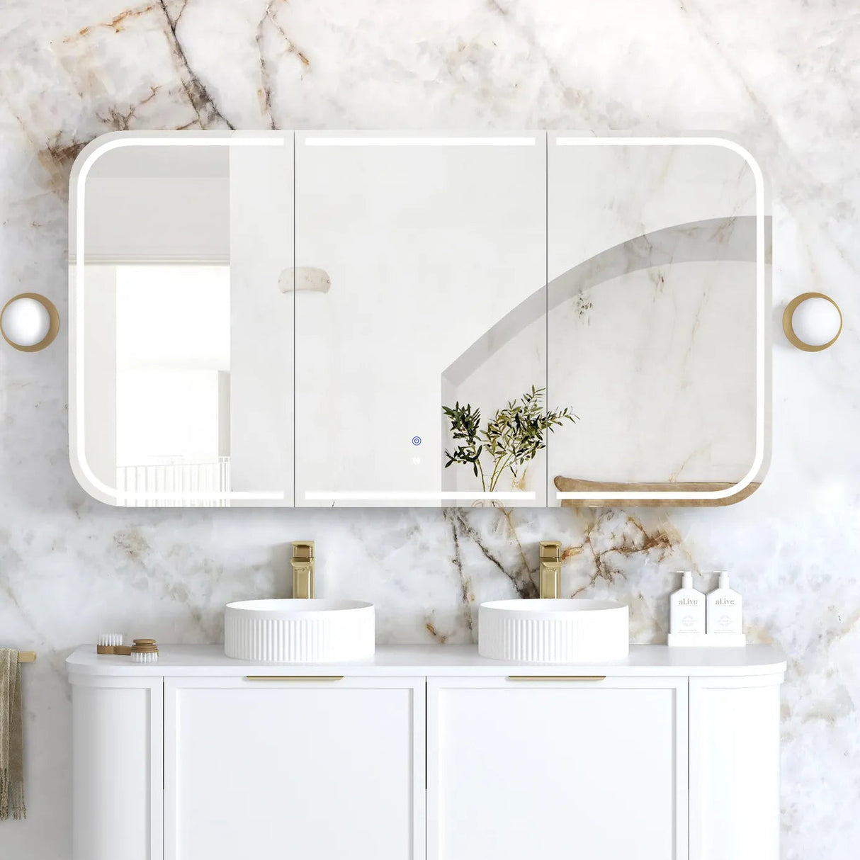 Bathroom with installed LED Newport 1500(W)x750(H) White Shaving Cabinet and vanity front view