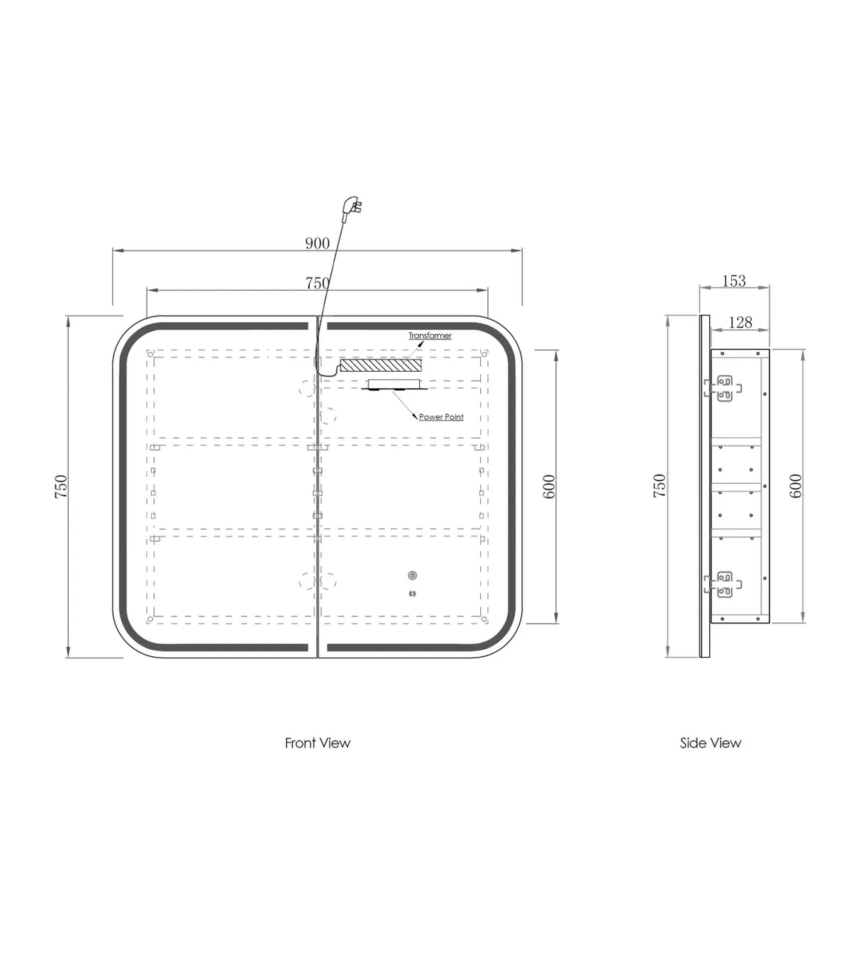 LED Newport 900(W)x750(H) White Shaving Cabinet Drawing