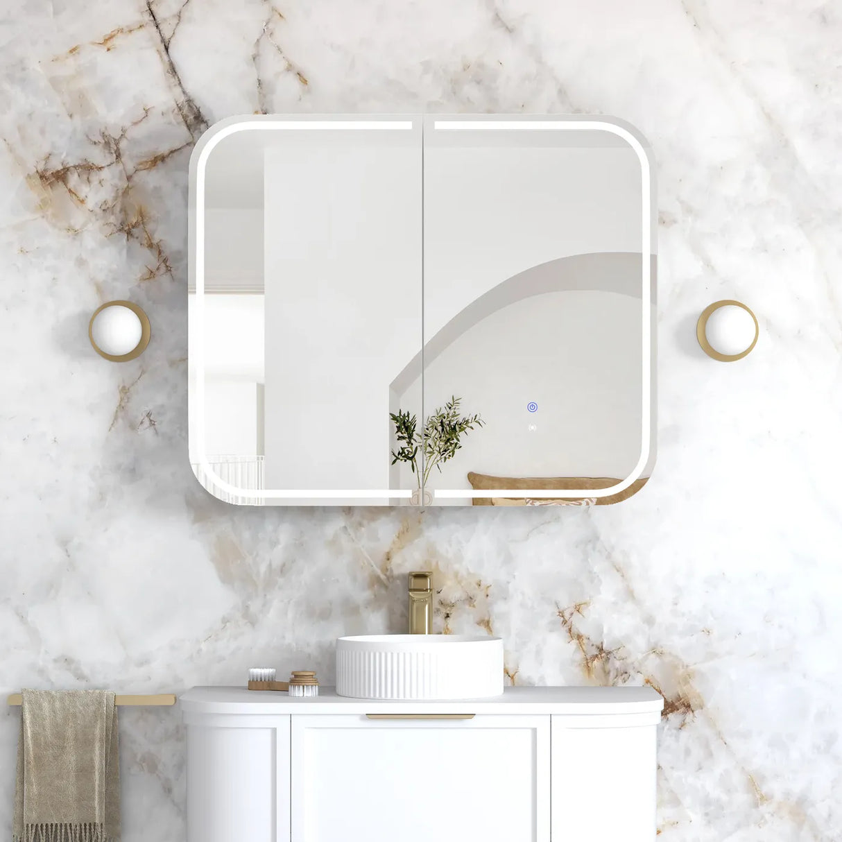 Front view Bathroom with installed LED Newport 900(W)x750(H) White Shaving Cabinet and vanity