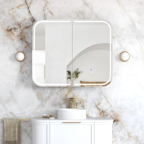 Front view Bathroom with installed LED Newport 900(W)x750(H) White Shaving Cabinet and vanity