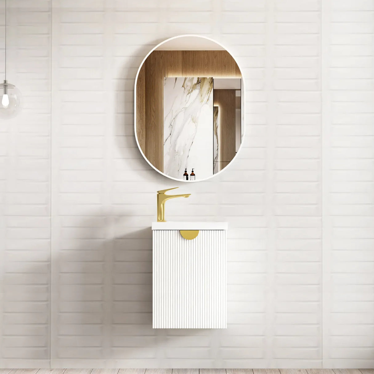 Bathroom with mounted mirror and Mini Ensuite Vanity 400mm Matte White Fluted Vanity