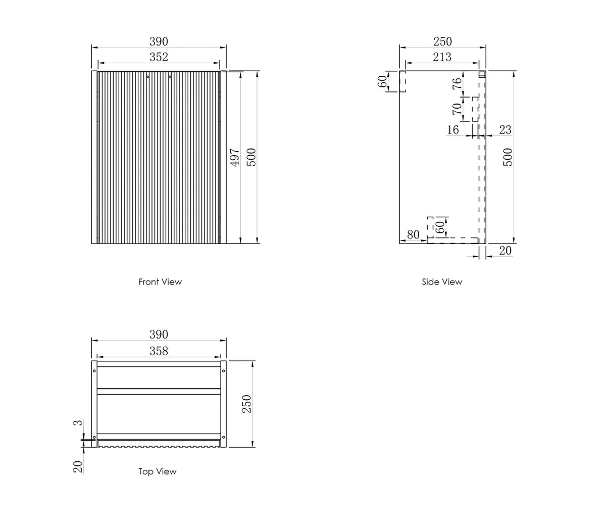 Mini Ensuite Vanity 400mm Matte White Fluted Vanity drawing