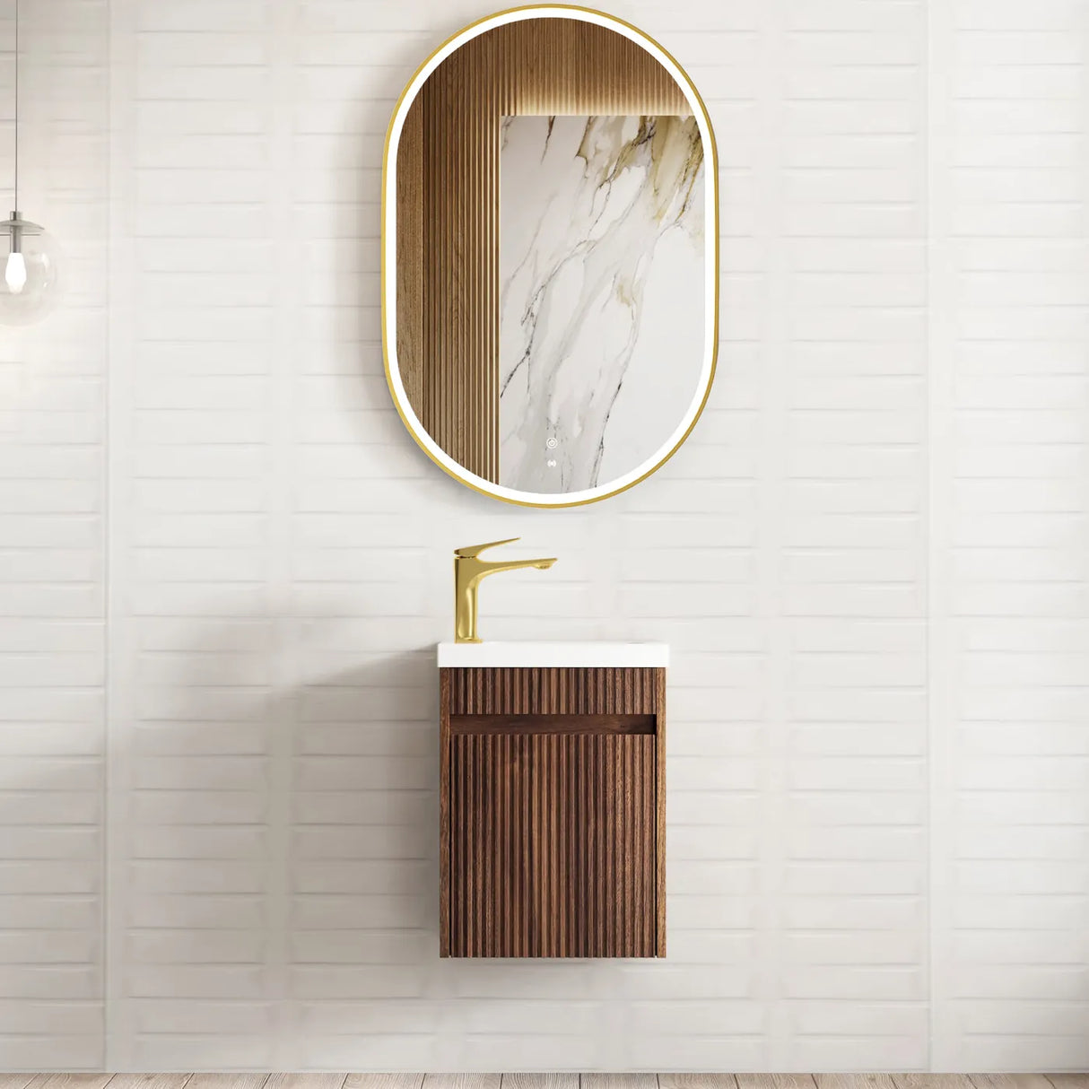 Bathroom with mounted mirror and Mini Ensuite Vanity 400mm Sable Walnut Fluted Vanity