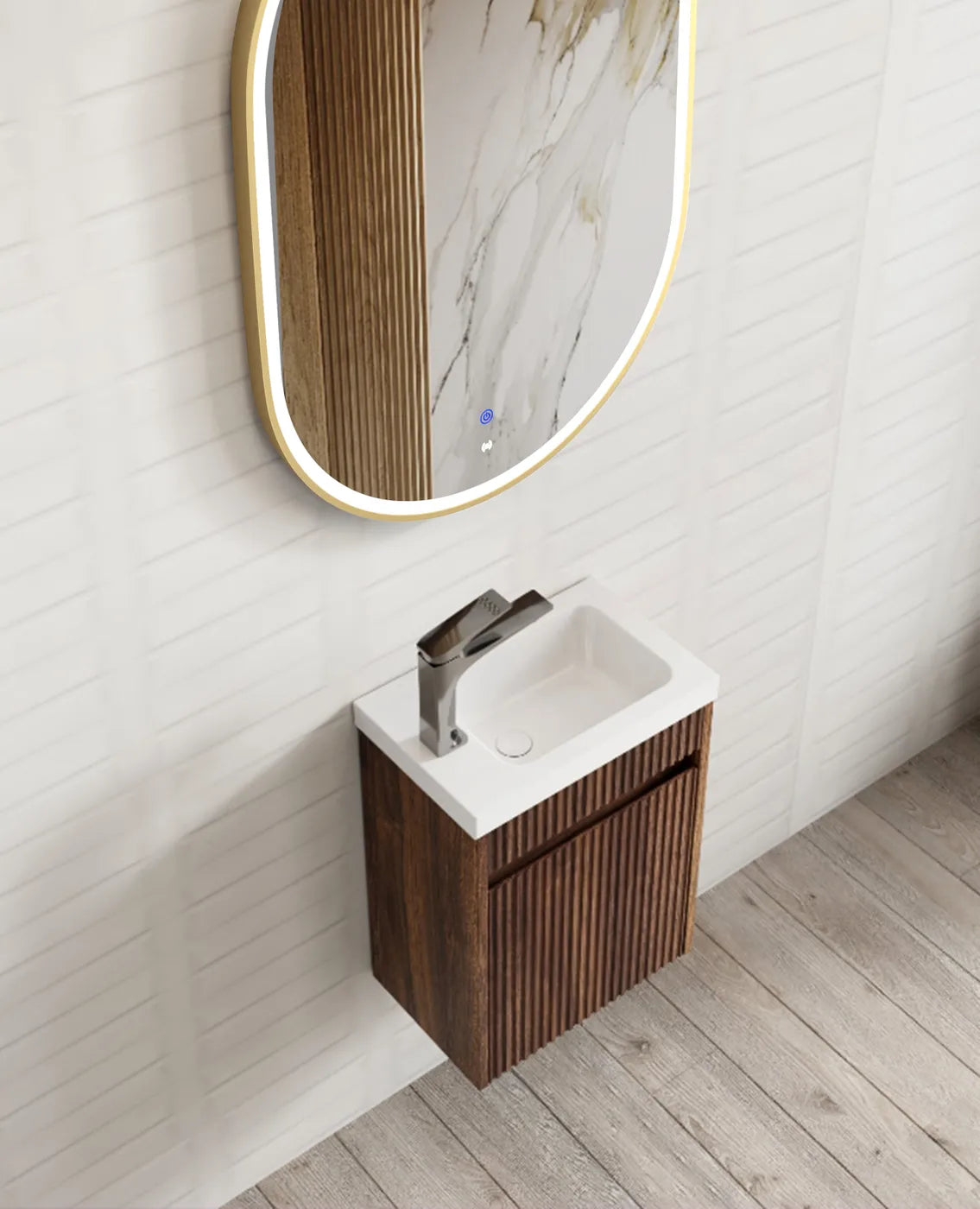 Bathroom with mounted mirror and Mini Ensuite Vanity 400mm Sable Walnut Fluted Vanity top view