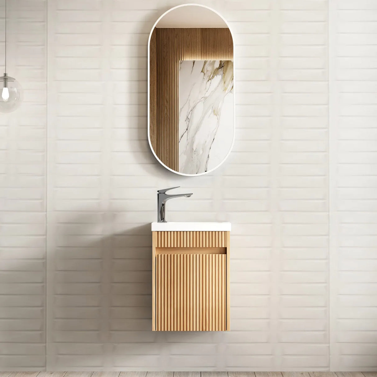 Bathroom with mounted mirror and Mini Ensuite Vanity 400mm Woodland Oak Fluted Vanity