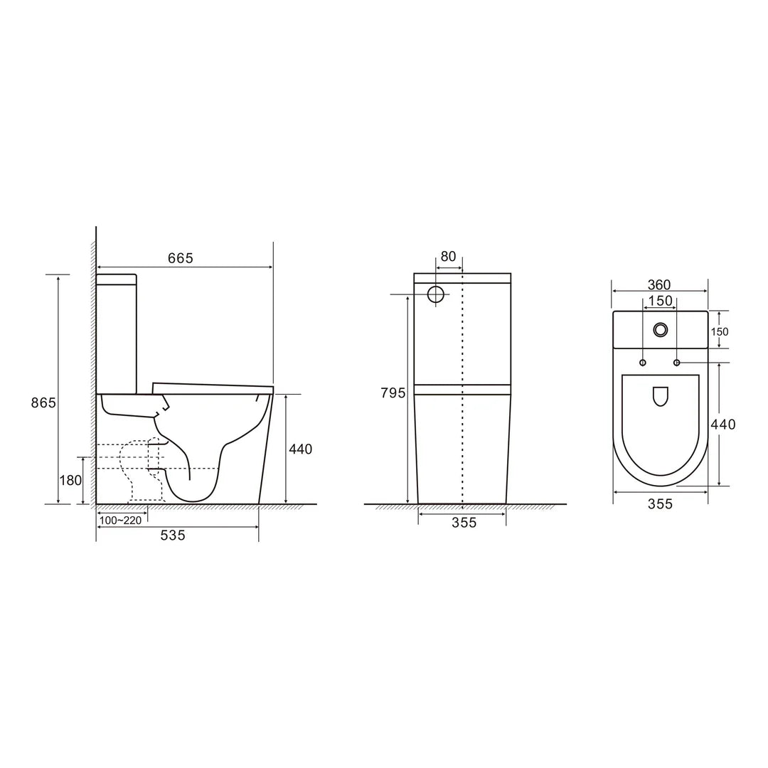 Technical dimension drawing of a wall-mounted toilet fixture set, showing front, side, and back views with measurements in millimeters on a white background.
