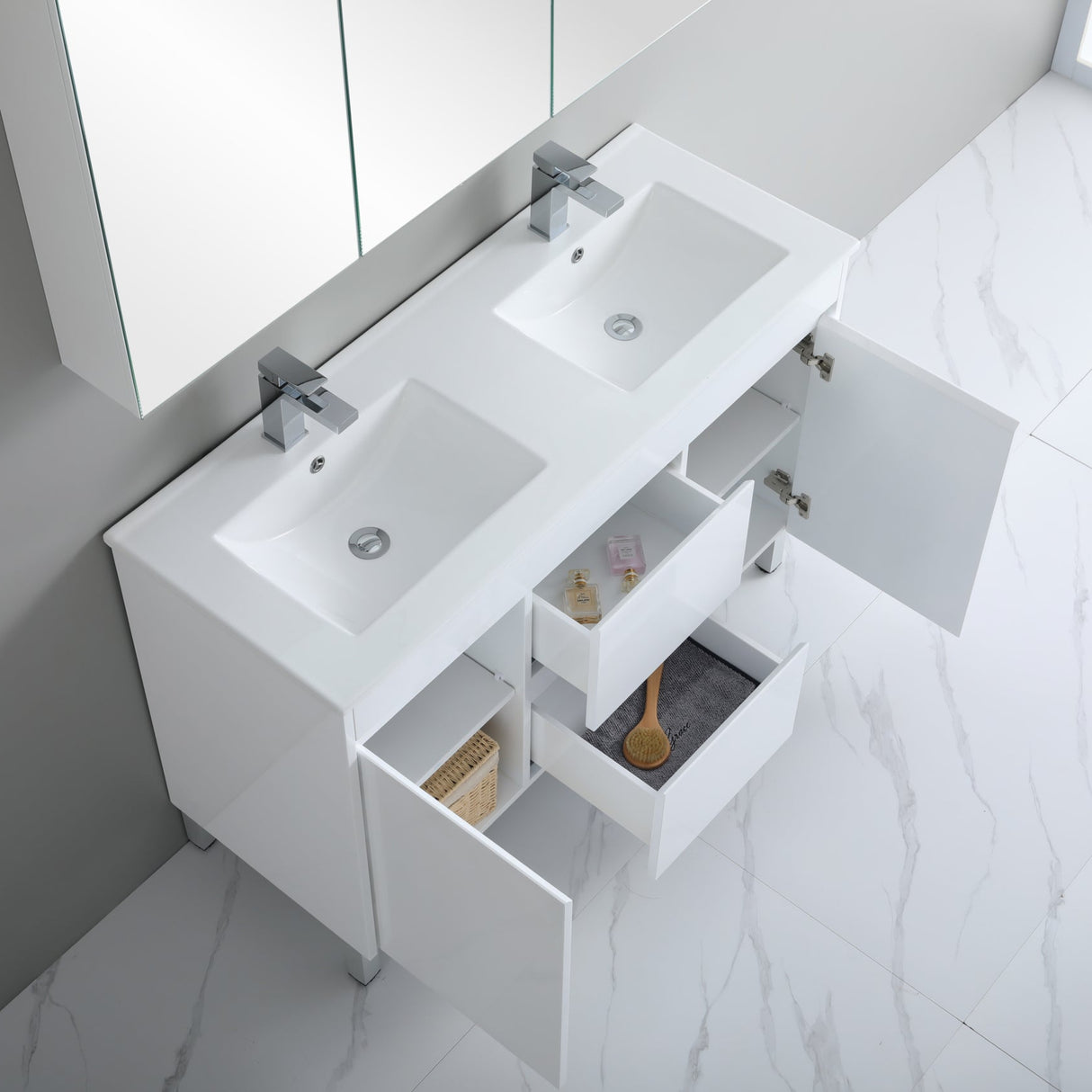 top view open cabinet and drawers 1200mm polar white free standing vanity
